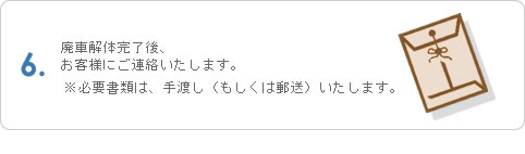 6.廃車解体完了後、お客様にご連絡いたします。※必要書類は、手渡し（もしくは郵送）いたします。